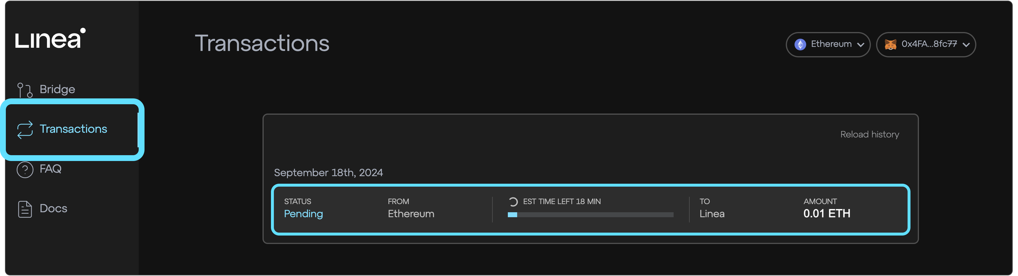 Linea bridge pending transaction